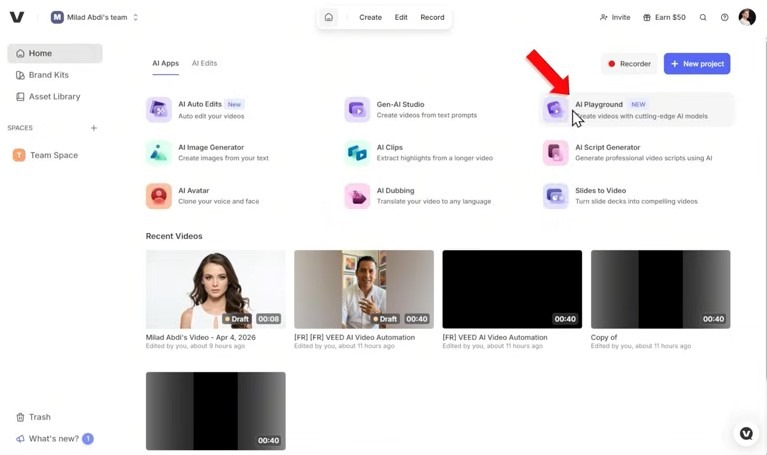 VEED dashboard showing the "Slides to Video" tool.