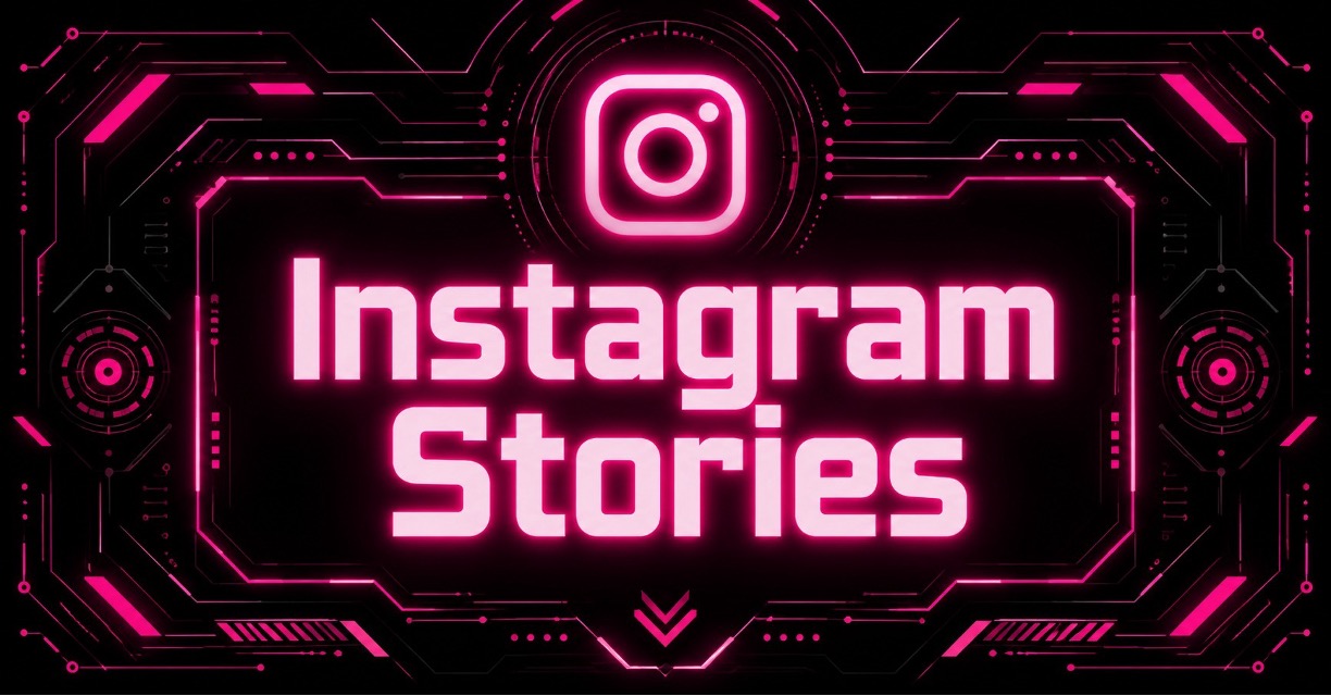 Neon cyberpunk Instagram Stories graphic with glowing logo and futuristic interface
