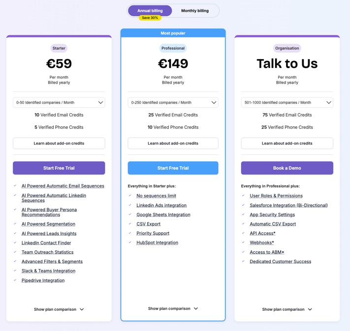 Albacross pricing plans with annual billingÂ