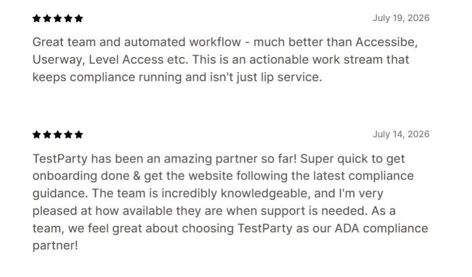 Two five-star Shopify App Store reviews of TestParty praising the automated workflow, fast onboarding, and knowledgeable support team.